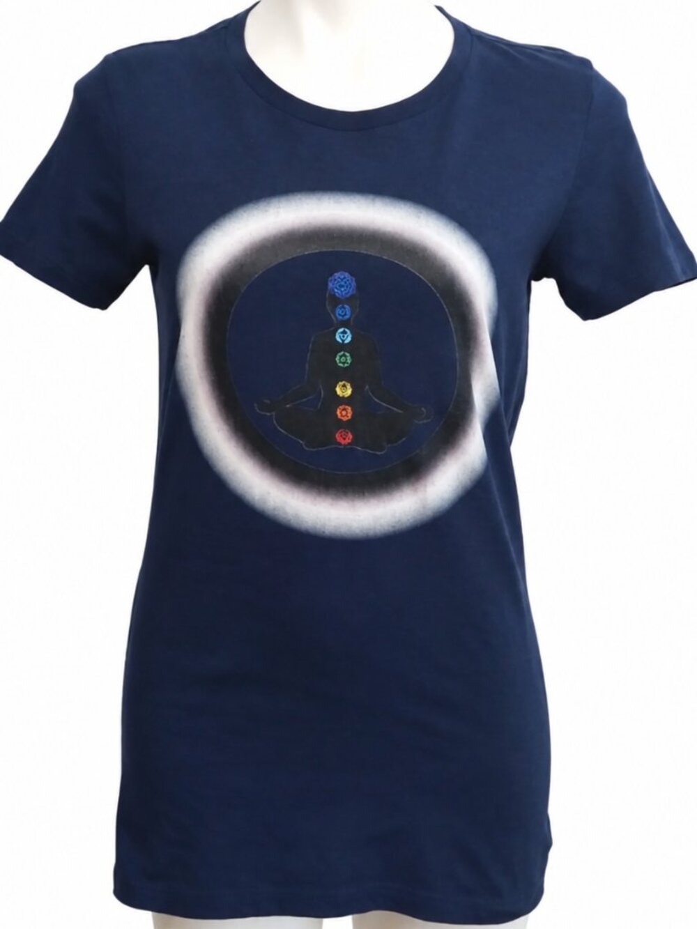 Large Cotton Womens Navy Seven Chakra Meditation Yoga Spiritual Graphic T-Shirt
